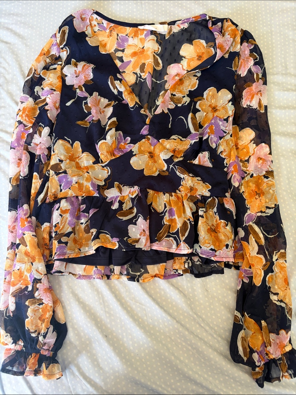 Lush Navy Sheer Floral Ruffle Peplum Blouse with Orange & Pink Flowers